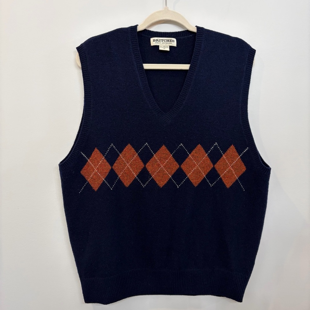 Britches Great Outdoors Men’s Wool Argyle Sweater Vest Size XL Navy Orange